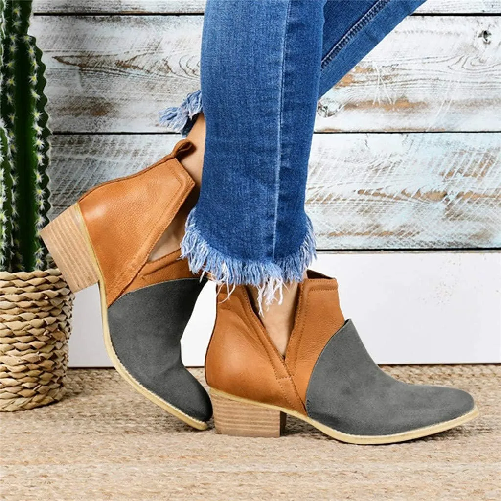 Hbeylia Women's Ankle Booties Fashion Casual Suede Pointed Toe V Cut Chunky Mid Heels Ankle Boots Western Cowboy Dress Short Boots For Women Ladies