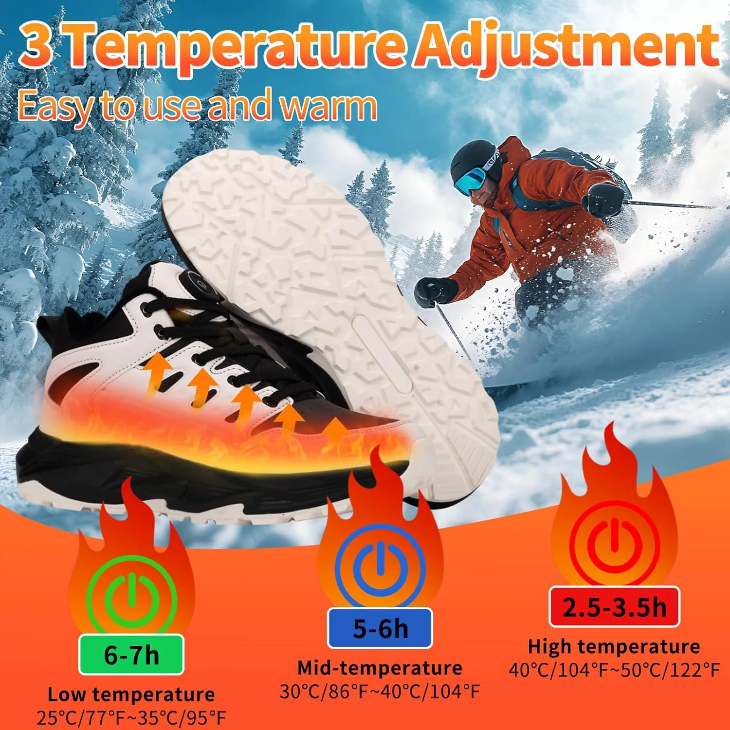 Heated Sneakers for Women Men - Rechargeable Electric Heated Shoes with 3 Heating Levels, Waterproof Upper, Non-Slip Rubber Sole, Winter Warmth Footwear for Hiking Outdoor Activities