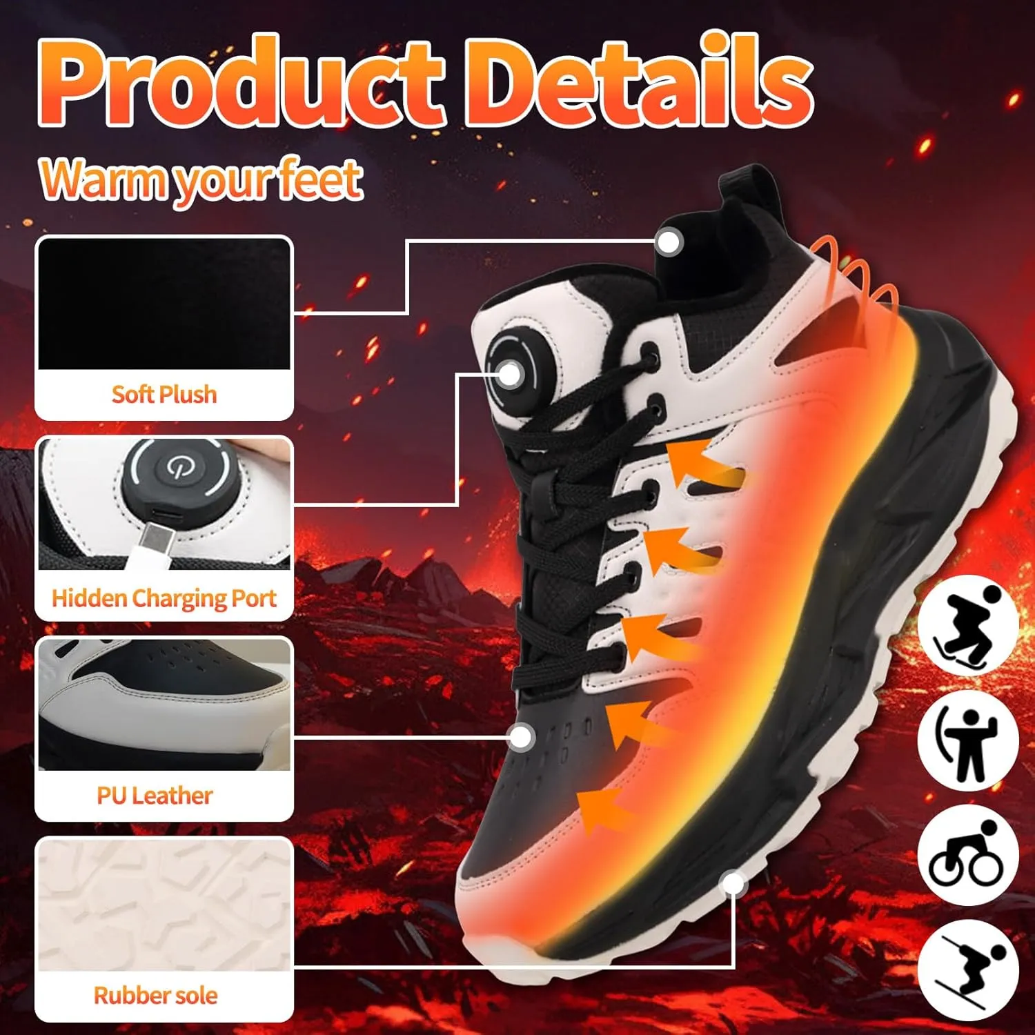 Heated Sneakers for Women Men - Rechargeable Electric Heated Shoes with 3 Heating Levels, Waterproof Upper, Non-Slip Rubber Sole, Winter Warmth Footwear for Hiking Outdoor Activities