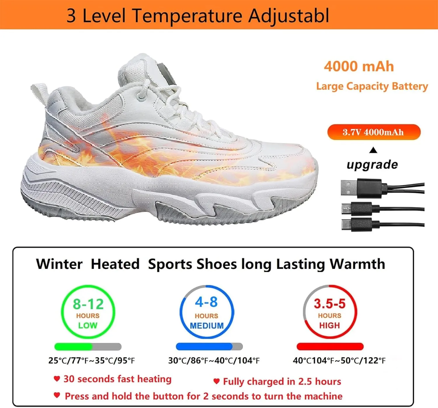 Heated Sports Shoes, Electric Foot Warmer with 4000mAh Battery, USB Rechargeable, Unisex, Black