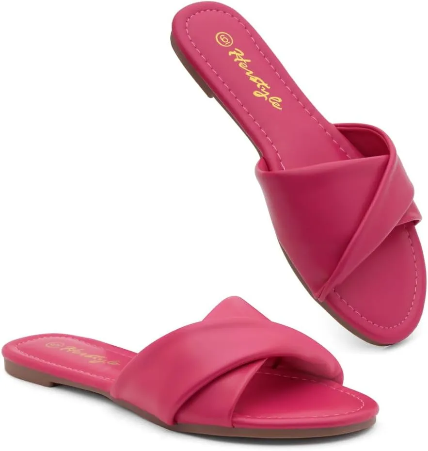 Herstyle MARLENA Women’s Flat Sandals, Fashion Slides Comfortable Casual Sandals with Round Open Toe and Single Band – Dressy Slip-On Slippers for Summer