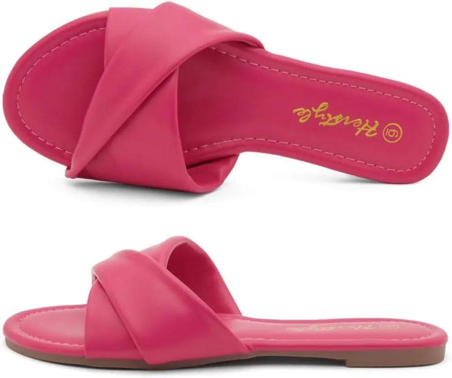 Herstyle MARLENA Women’s Flat Sandals, Fashion Slides Comfortable Casual Sandals with Round Open Toe and Single Band – Dressy Slip-On Slippers for Summer