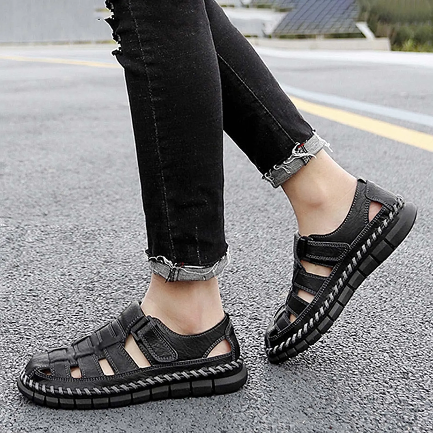 HESBITEUL Men's Sport Sandals Outdoor Hiking Sandals Closed Toe Leather Athletic Lightweight Trail Walking Casual Sandals Water Arch Support & Non-slipping Outsole