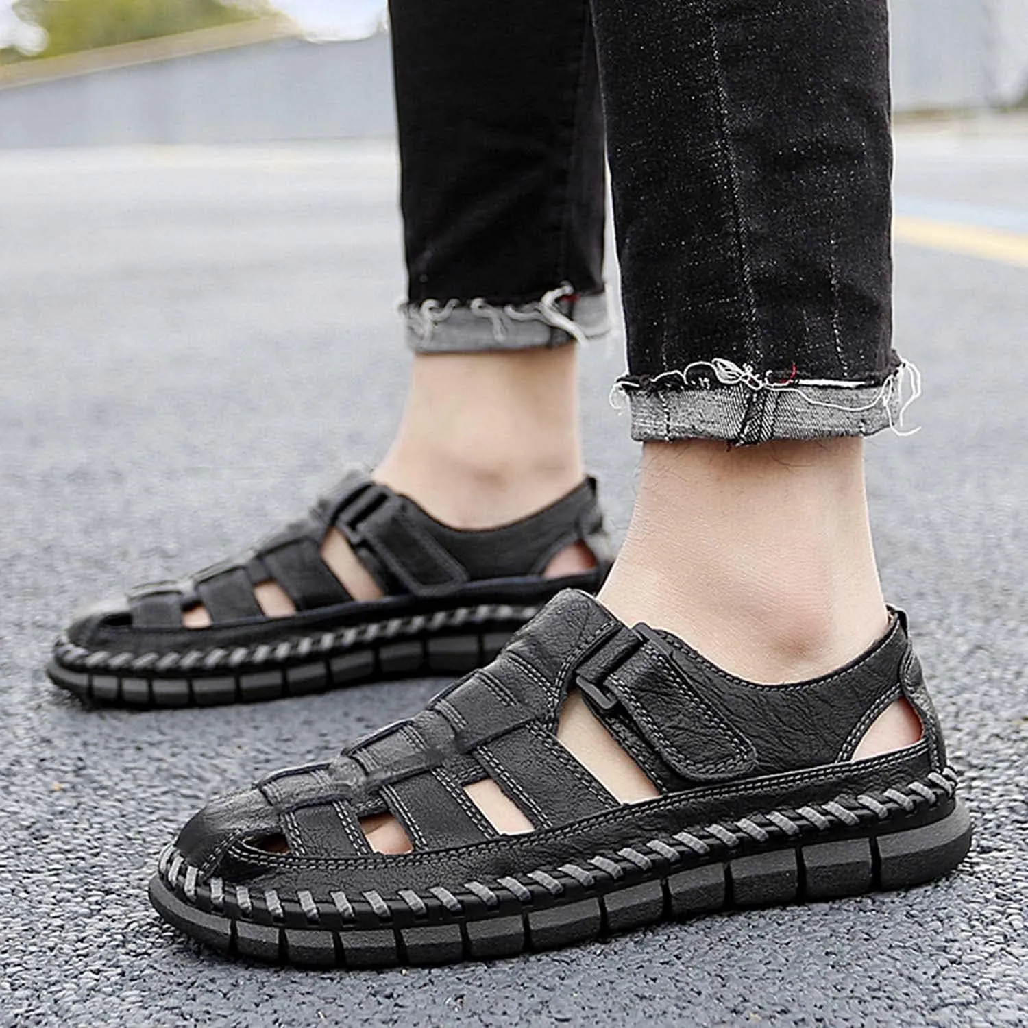 HESBITEUL Men's Sport Sandals Outdoor Hiking Sandals Closed Toe Leather Athletic Lightweight Trail Walking Casual Sandals Water Arch Support & Non-slipping Outsole