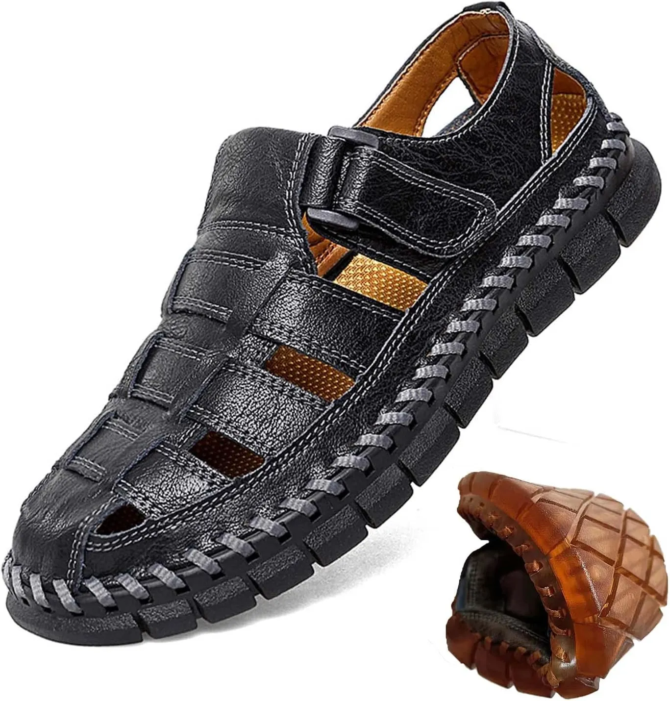 HESBITEUL Men's Sport Sandals Outdoor Hiking Sandals Closed Toe Leather Athletic Lightweight Trail Walking Casual Sandals Water Arch Support & Non-slipping Outsole