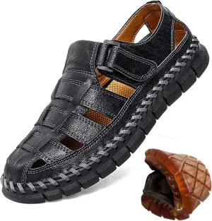 HESBITEUL Men's Sport Sandals Outdoor Hiking Sandals Closed Toe Leather Athletic Lightweight Trail Walking Casual Sandals Water Arch Support & Non-slipping Outsole