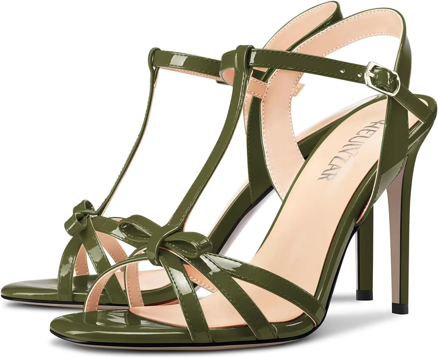HEUIVZAR Women Stiletto High Heel Peep Open Toe Sandals Ankle Strap T-strap Bow-knot Prom Dress 3.9 Inches Heels