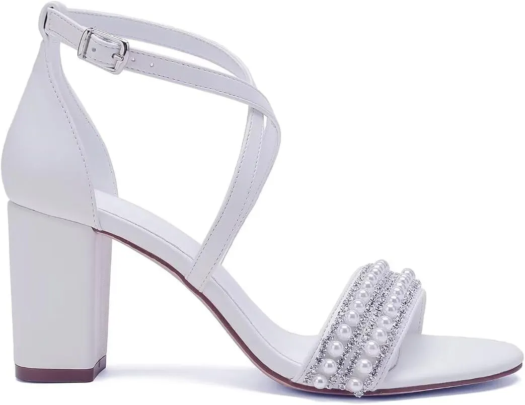 High Block Heel Wedding Sandals for Bride Cross Strap Women Heeled Sandal Open Toe Bridal Shoes