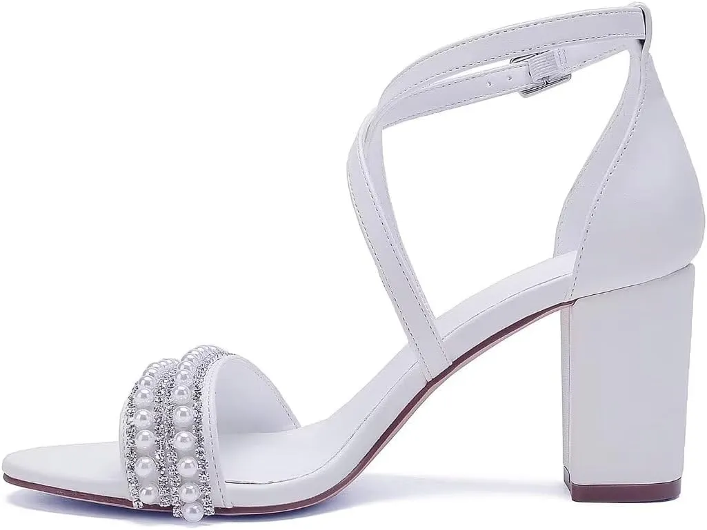 High Block Heel Wedding Sandals for Bride Cross Strap Women Heeled Sandal Open Toe Bridal Shoes