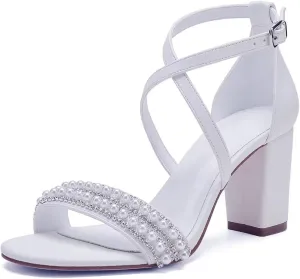 High Block Heel Wedding Sandals for Bride Cross Strap Women Heeled Sandal Open Toe Bridal Shoes