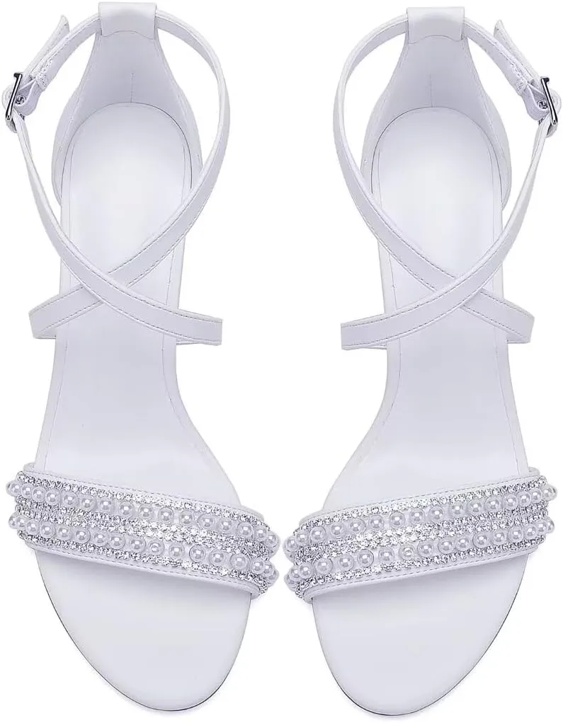High Block Heel Wedding Sandals for Bride Cross Strap Women Heeled Sandal Open Toe Bridal Shoes