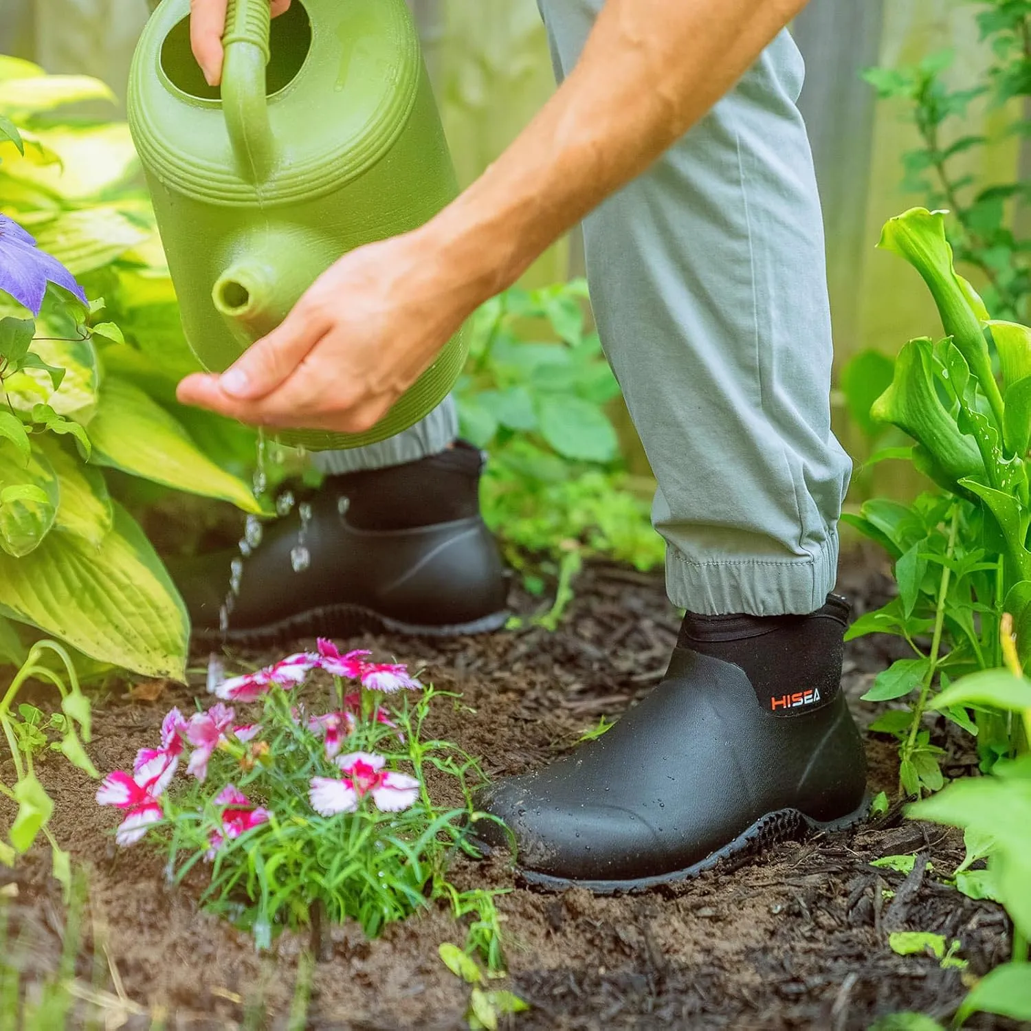 HISEA Men's Rain Boots, Ankle Height Garden Shoes Waterproof Insulated Rubber Neoprene Mud Boots Anti-Slip Outdoor Work Booties for Gardening Farming Camping Fishing and Yard Working