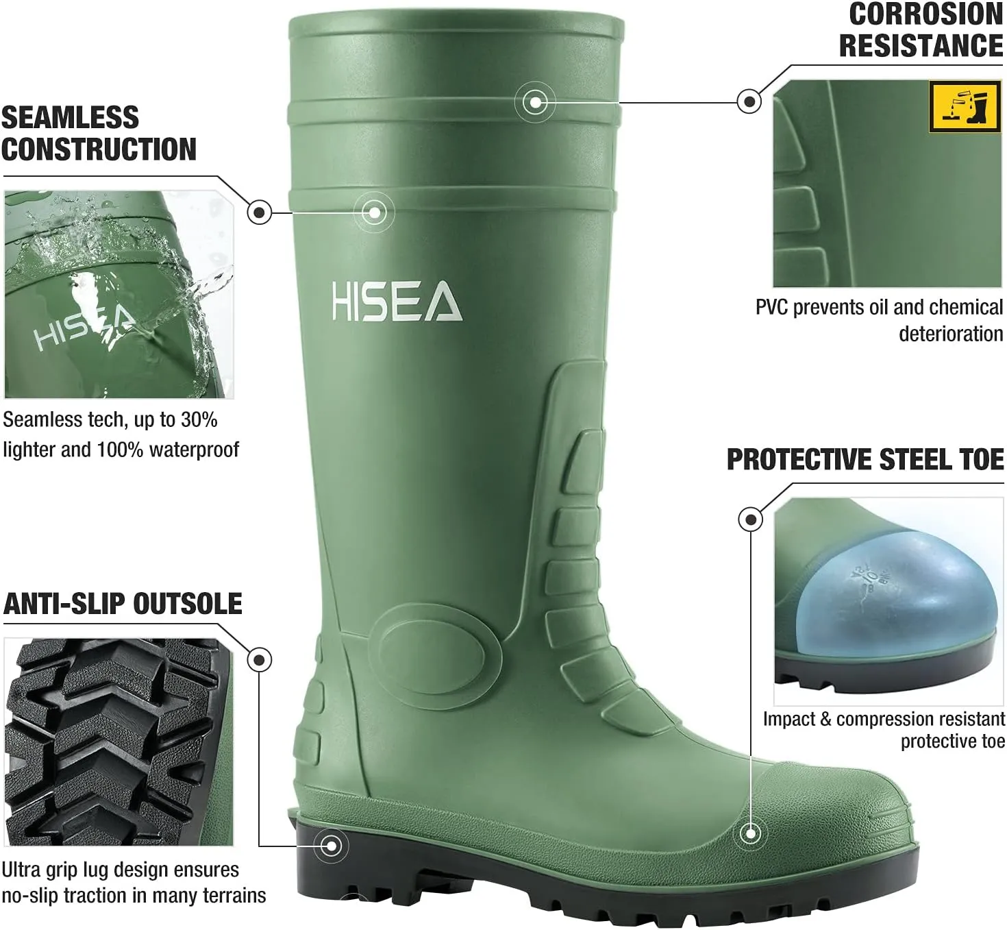 HISEA Men's Steel Toe Rain Boots PVC Rubber Boots, Waterproof Garden Fishing Outdoor Work Boots, Durable Slip Resistant Knee Boots for Agriculture and Industrial Working