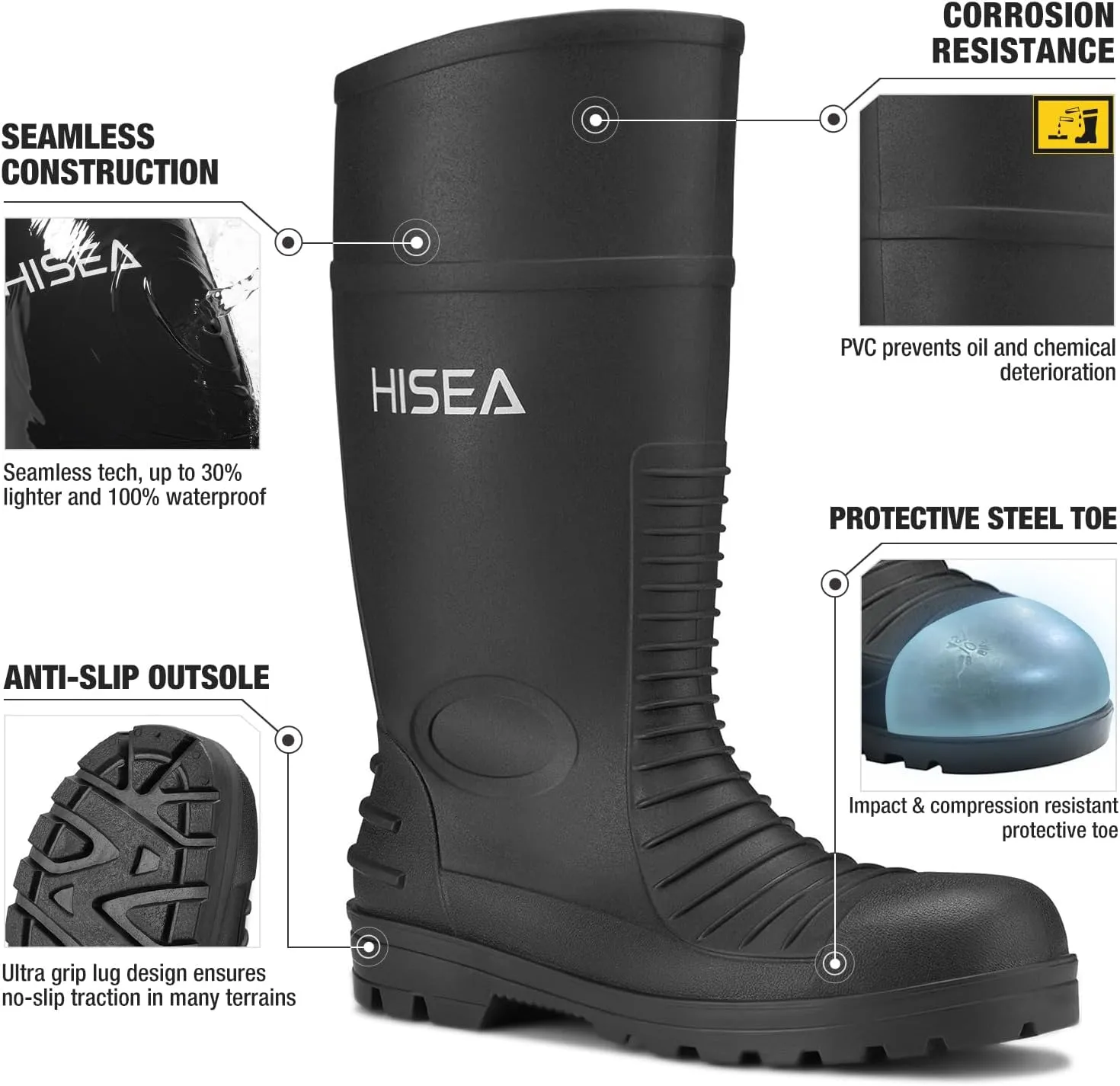 HISEA Men's Steel Toe Rain Boots PVC Rubber Boots, Waterproof Garden Fishing Outdoor Work Boots, Durable Slip Resistant Knee Boots for Agriculture and Industrial Working