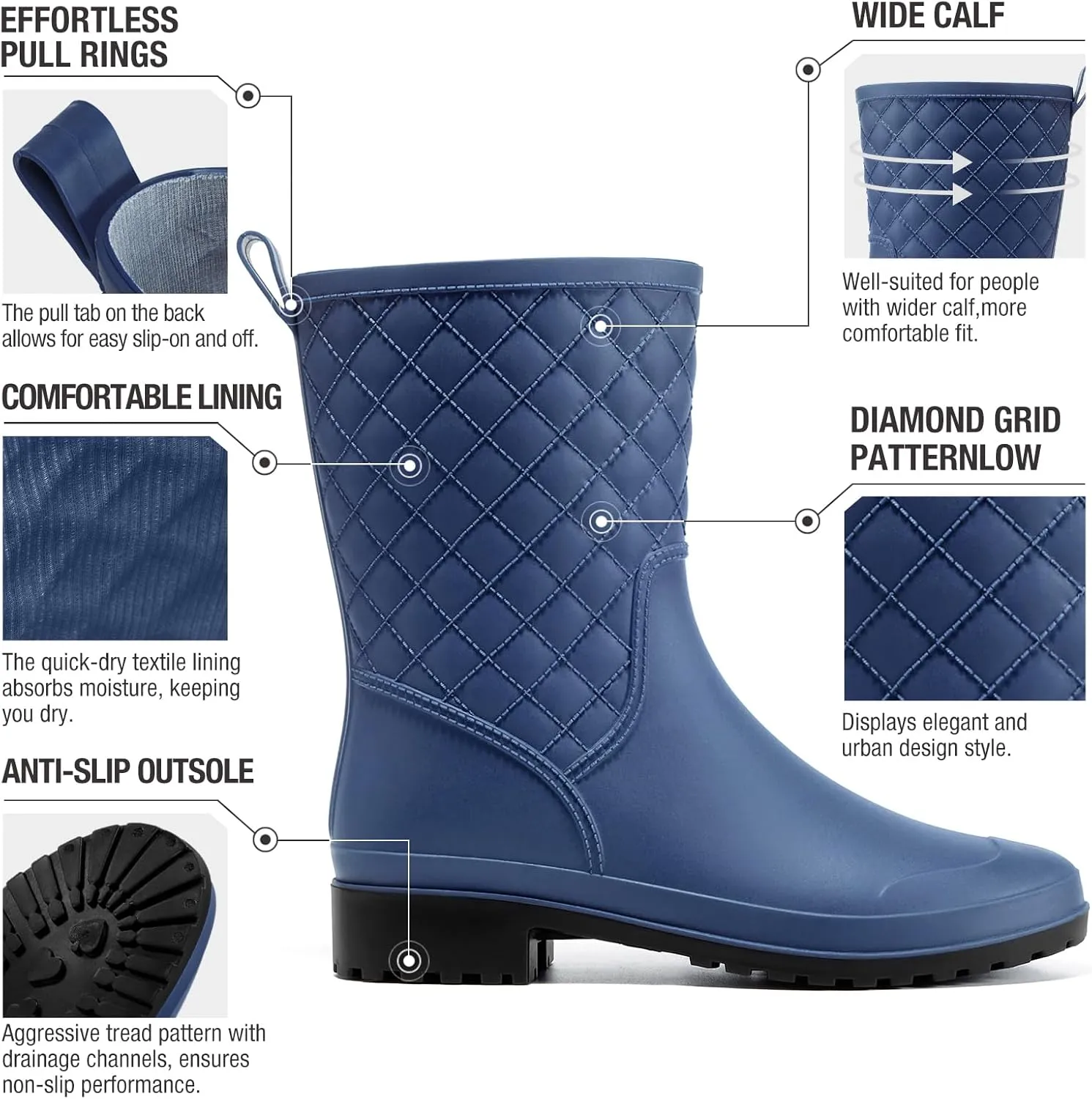 HISEA Rain Boots for Women, Lightweight Fashion Rubber Boots Mid Height Waterproof Garden Shoes Women's Rain Footwear