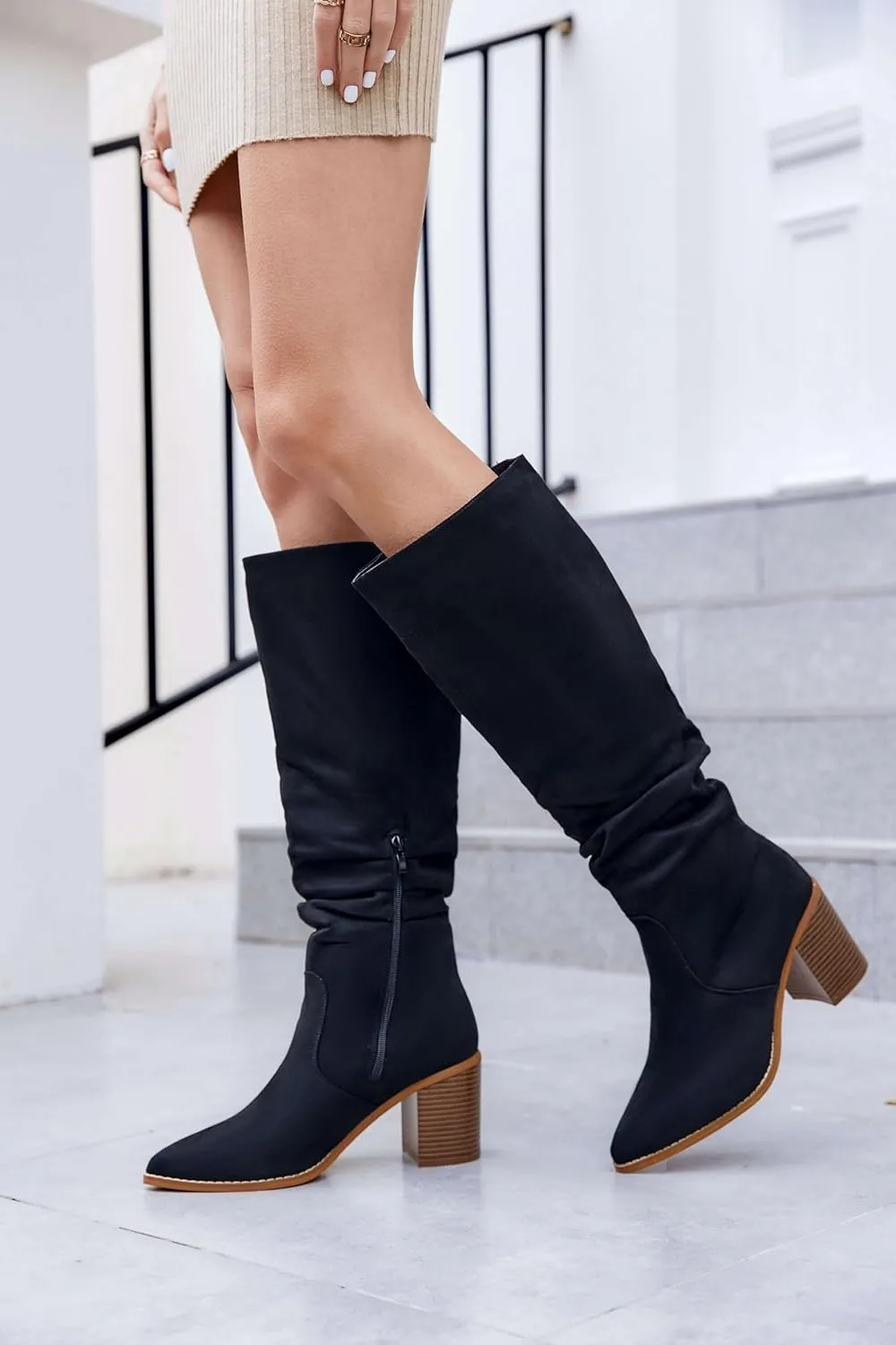 Huiyuzhi Womens Pointed Toe Mid Chunky Heel Side Zipper Knee High Boots Tall Booties