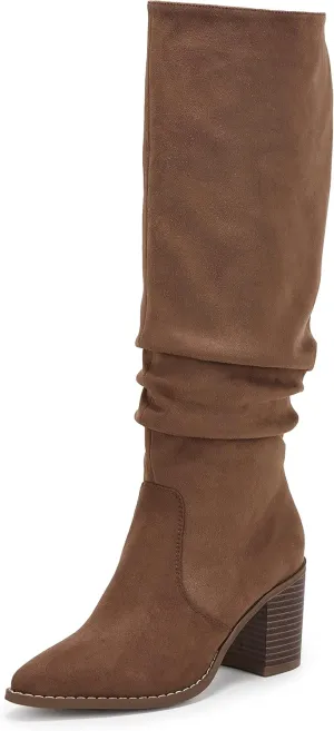 Huiyuzhi Womens Pointed Toe Mid Chunky Heel Side Zipper Knee High Boots Tall Booties