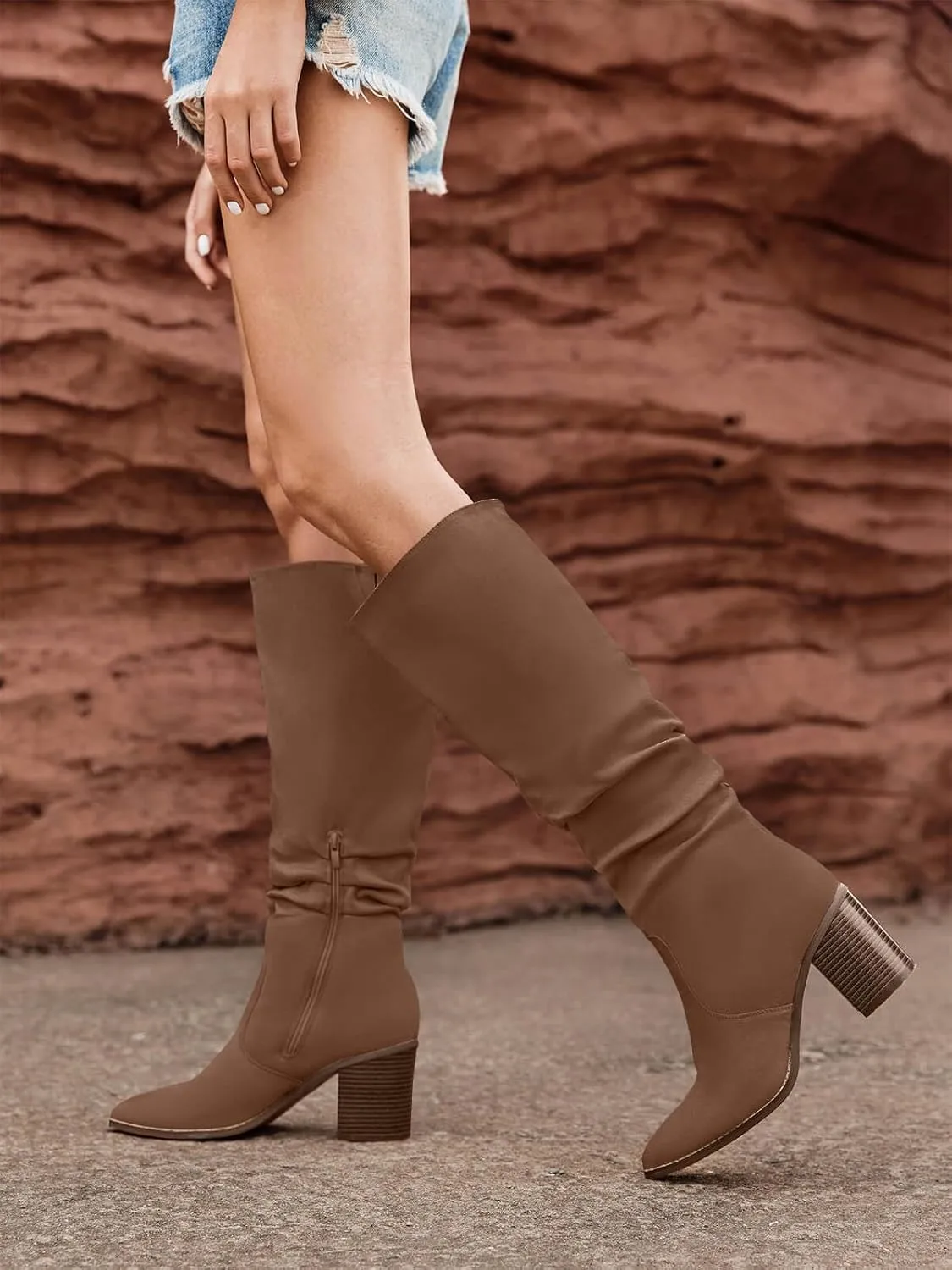 Huiyuzhi Womens Pointed Toe Mid Chunky Heel Side Zipper Knee High Boots Tall Booties