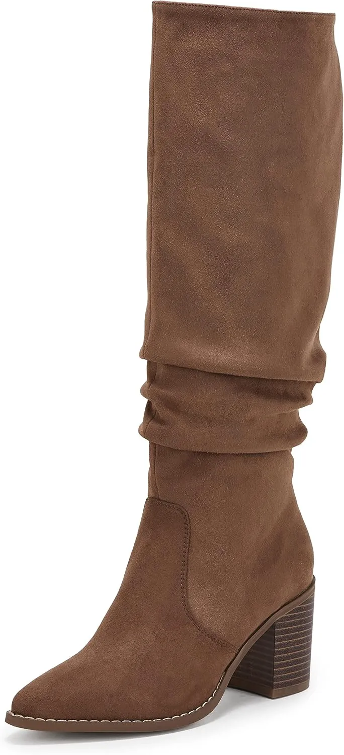 Huiyuzhi Womens Pointed Toe Mid Chunky Heel Side Zipper Knee High Boots Tall Booties
