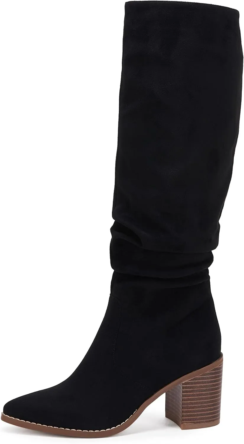 Huiyuzhi Womens Pointed Toe Mid Chunky Heel Side Zipper Knee High Boots Tall Booties