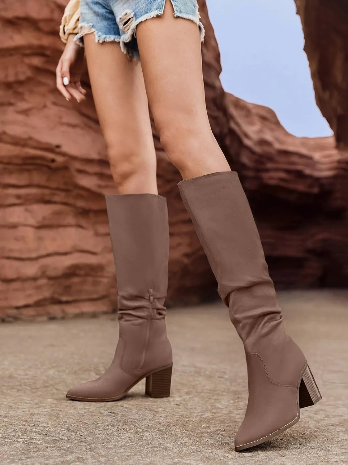 Huiyuzhi Womens Pointed Toe Mid Chunky Heel Side Zipper Knee High Boots Tall Booties