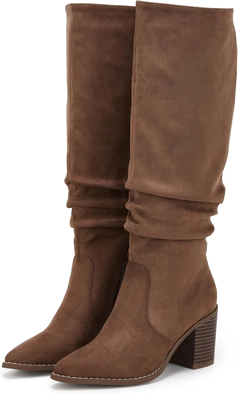 Huiyuzhi Womens Pointed Toe Mid Chunky Heel Side Zipper Knee High Boots Tall Booties