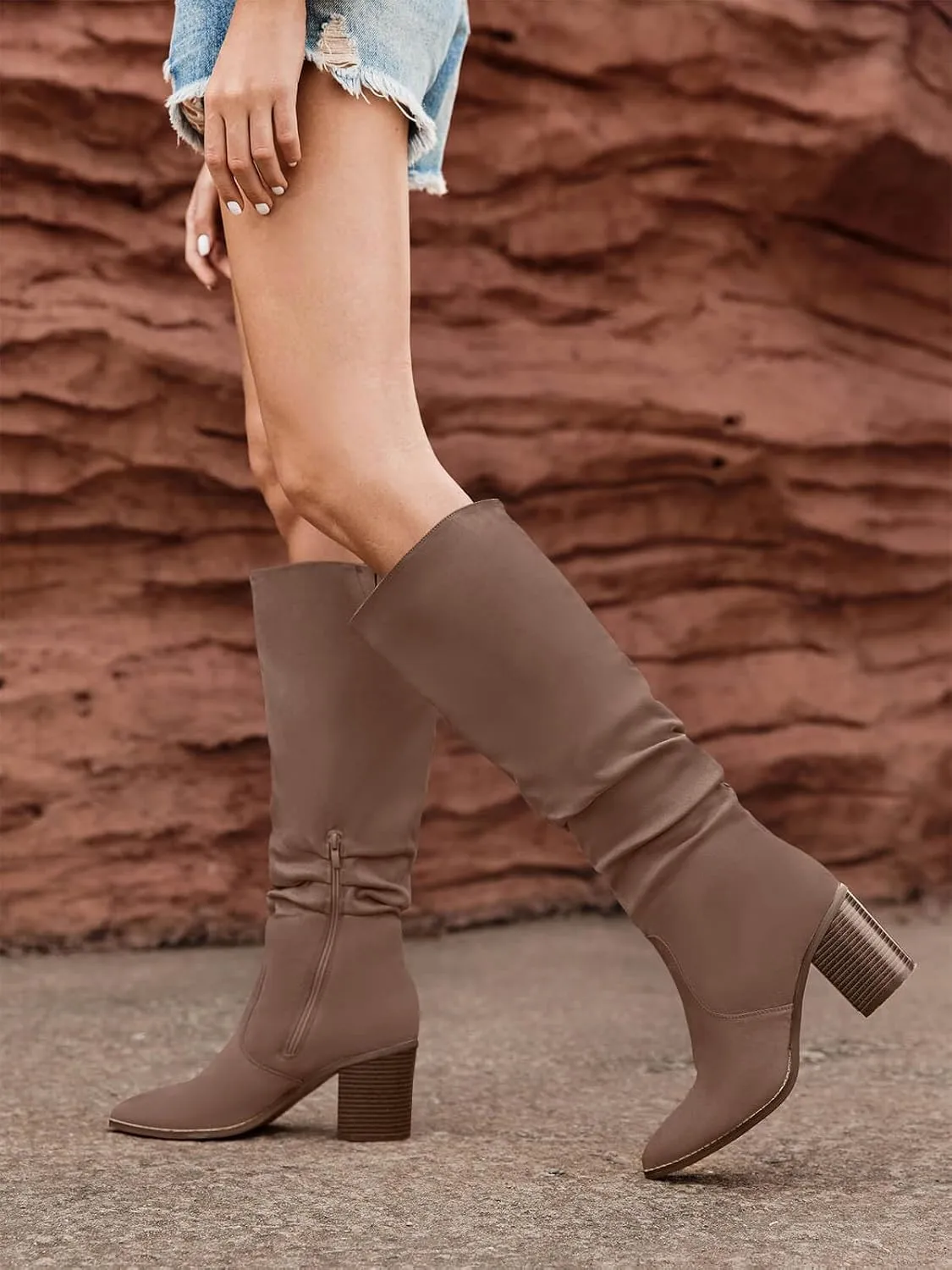 Huiyuzhi Womens Pointed Toe Mid Chunky Heel Side Zipper Knee High Boots Tall Booties