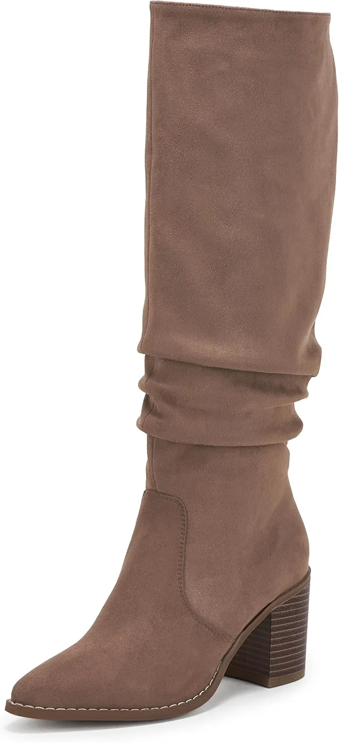 Huiyuzhi Womens Pointed Toe Mid Chunky Heel Side Zipper Knee High Boots Tall Booties