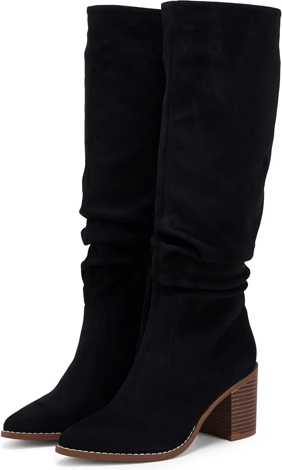 Huiyuzhi Womens Pointed Toe Mid Chunky Heel Side Zipper Knee High Boots Tall Booties