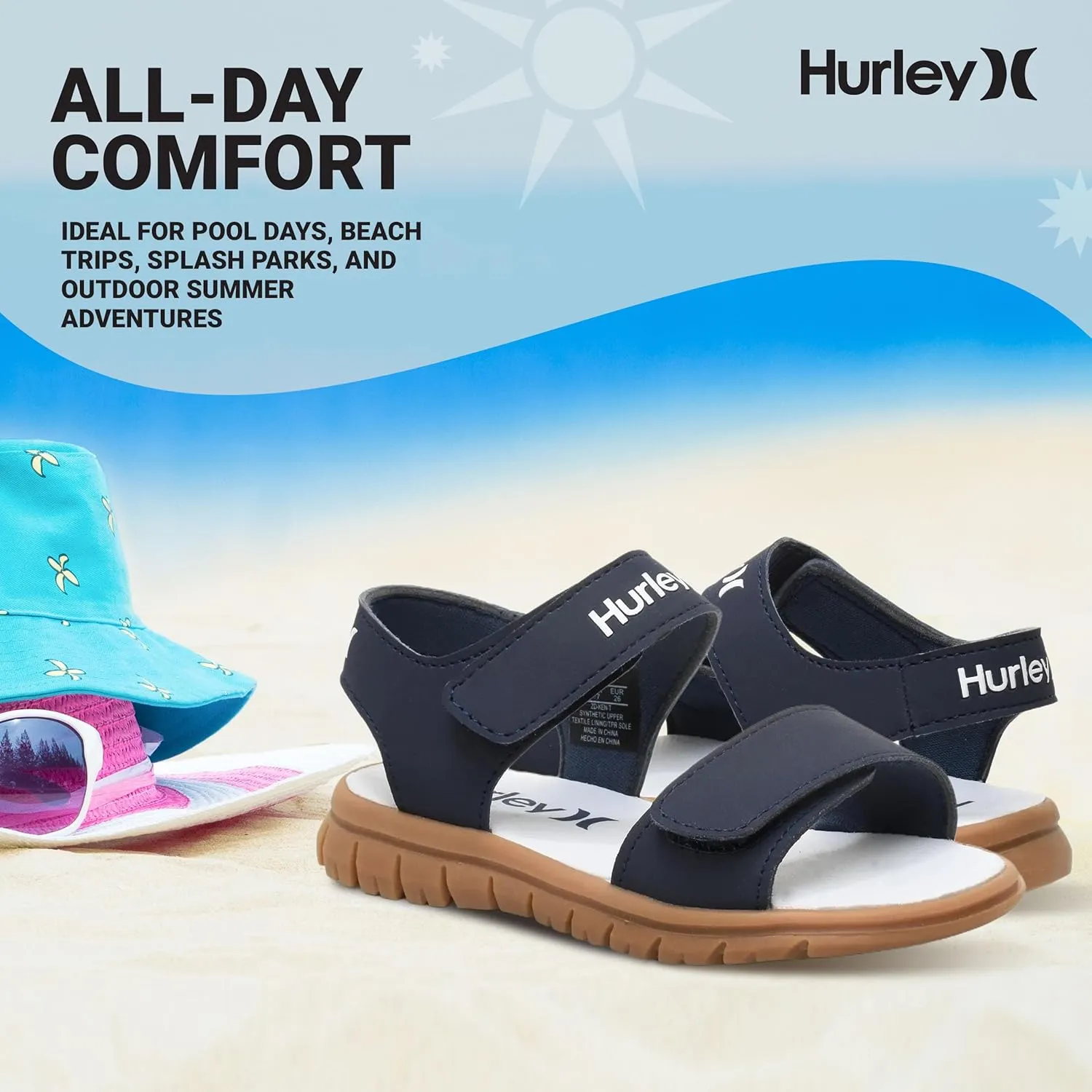 Hurley kids and toddlers Ken Sandals, for Boys and Girls, Kid's Lightweight Open Toe Sandals, Beach Sandals with Adjustable straps, for Outdoors, Water Play and Pool