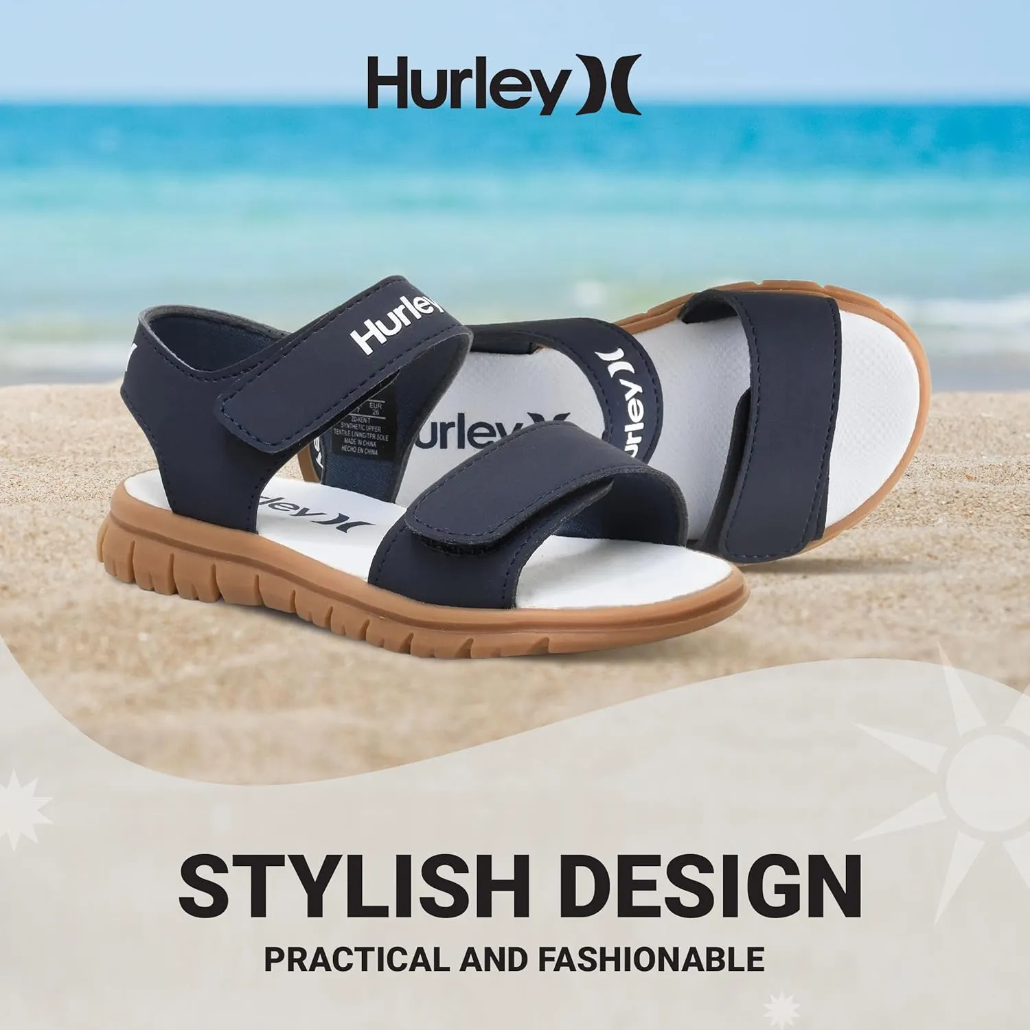 Hurley kids and toddlers Ken Sandals, for Boys and Girls, Kid's Lightweight Open Toe Sandals, Beach Sandals with Adjustable straps, for Outdoors, Water Play and Pool