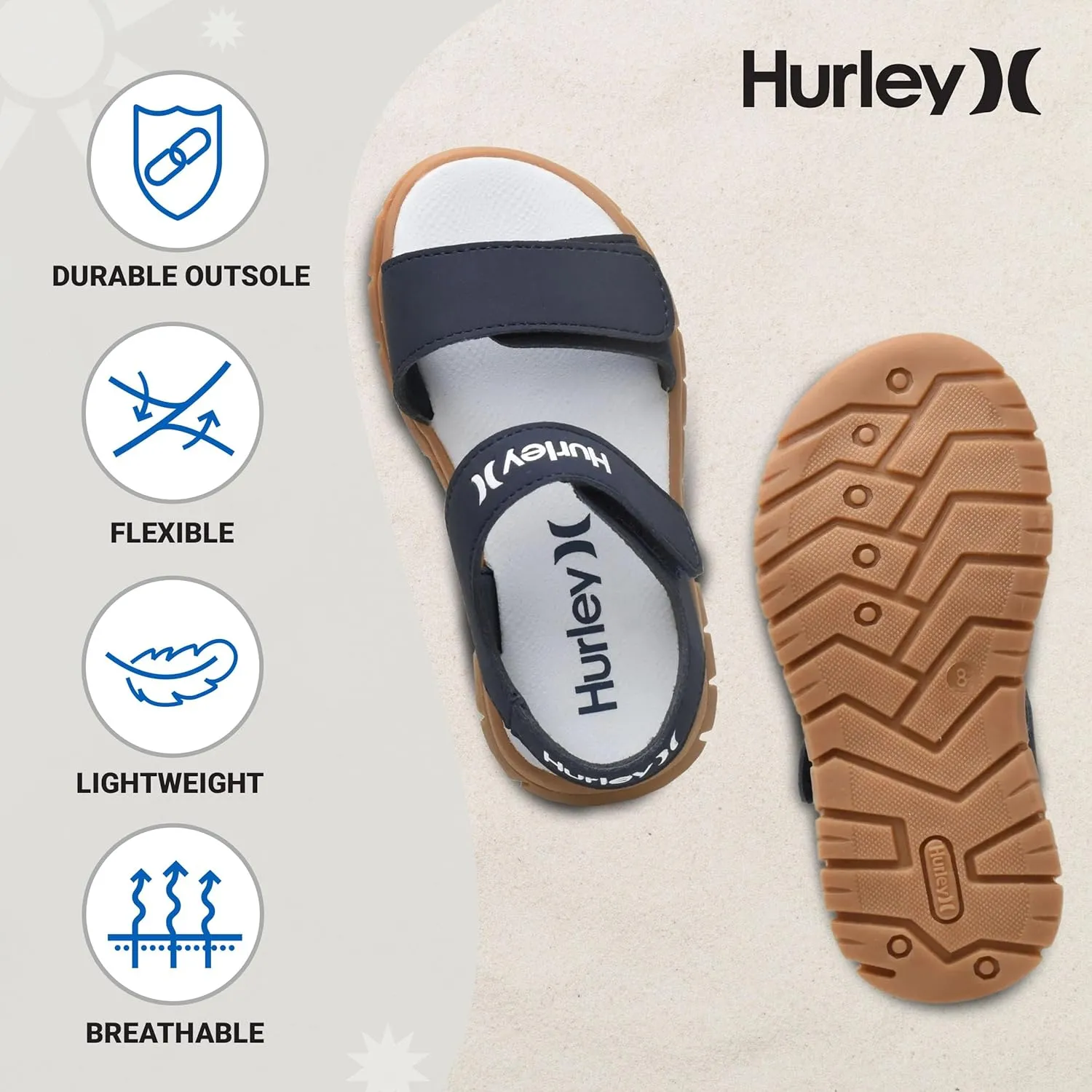 Hurley kids and toddlers Ken Sandals, for Boys and Girls, Kid's Lightweight Open Toe Sandals, Beach Sandals with Adjustable straps, for Outdoors, Water Play and Pool