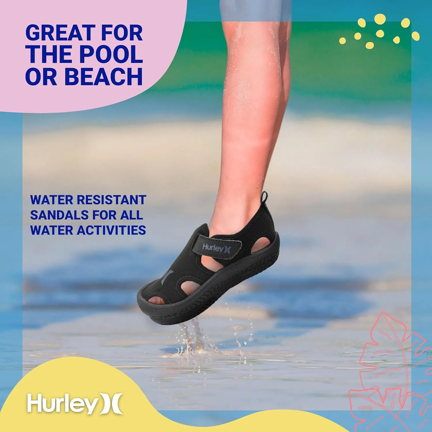 Hurley Kona Toddler Water Shoes - Beach Essentials, Girls and Boys Closed Toe Sandals, Lightweight, Breathable, Kids Water Shoes with Non-Slip Sole and Adjustable Straps, Outdoor Toddler Swim Shoes