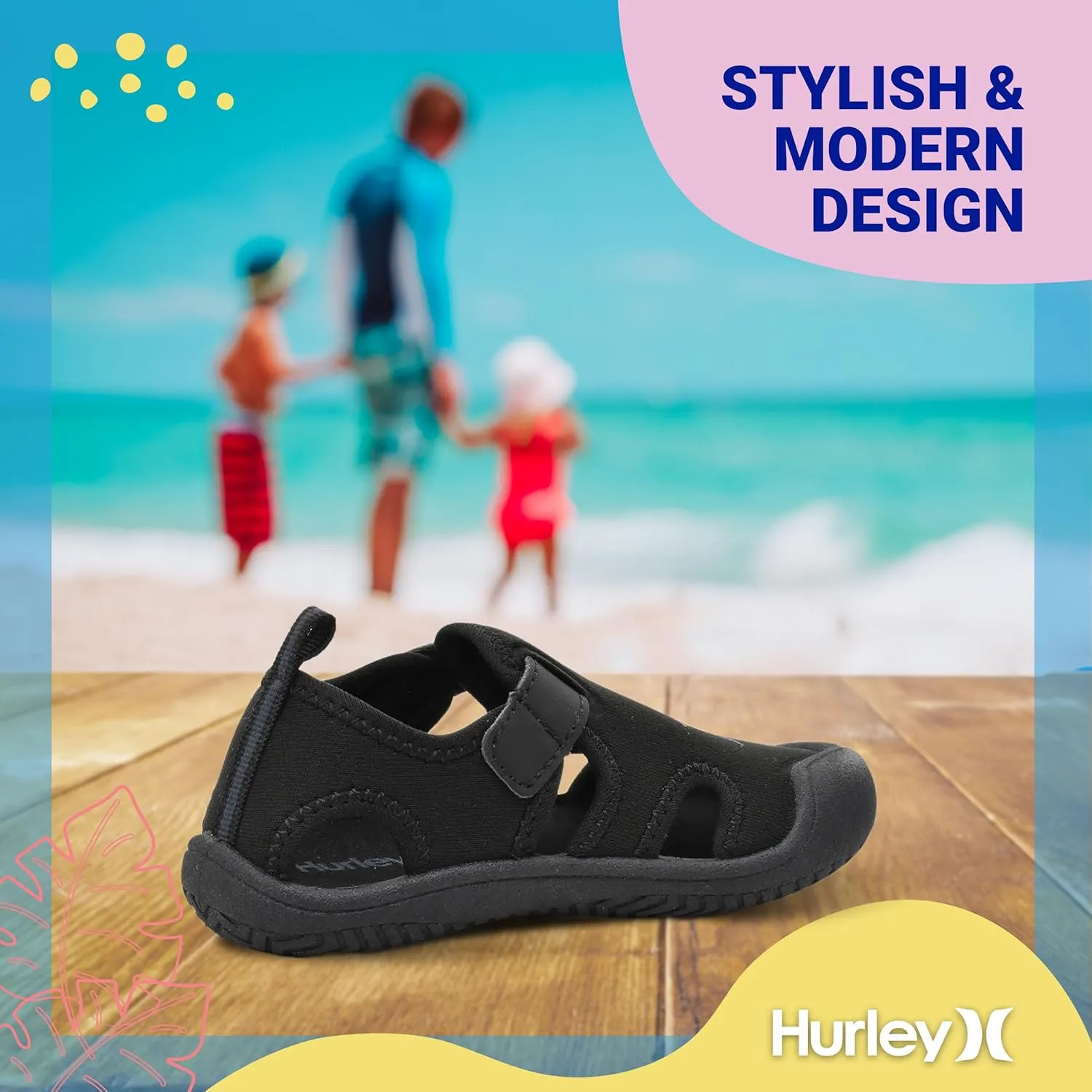 Hurley Kona Toddler Water Shoes - Beach Essentials, Girls and Boys Closed Toe Sandals, Lightweight, Breathable, Kids Water Shoes with Non-Slip Sole and Adjustable Straps, Outdoor Toddler Swim Shoes
