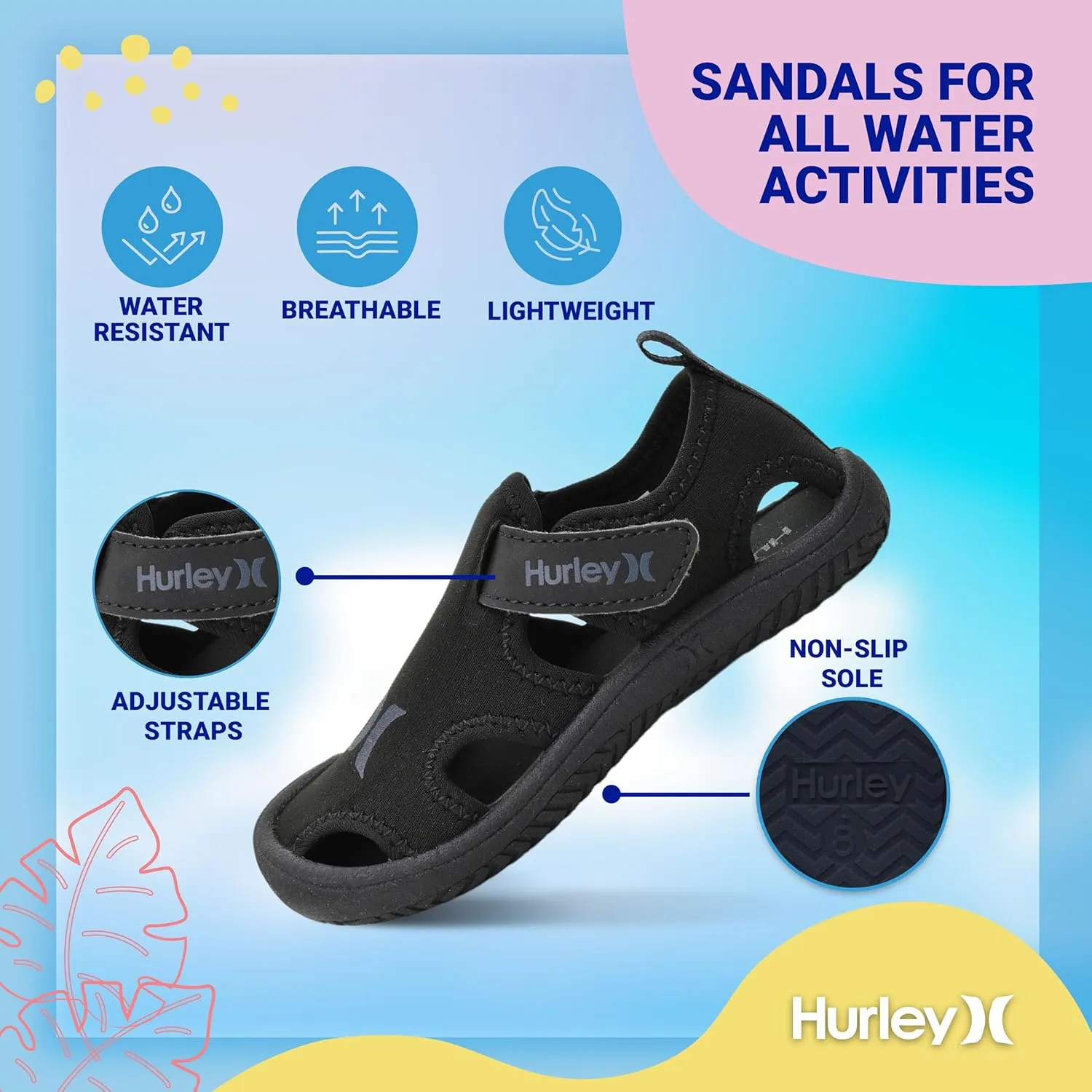 Hurley Kona Toddler Water Shoes - Beach Essentials, Girls and Boys Closed Toe Sandals, Lightweight, Breathable, Kids Water Shoes with Non-Slip Sole and Adjustable Straps, Outdoor Toddler Swim Shoes