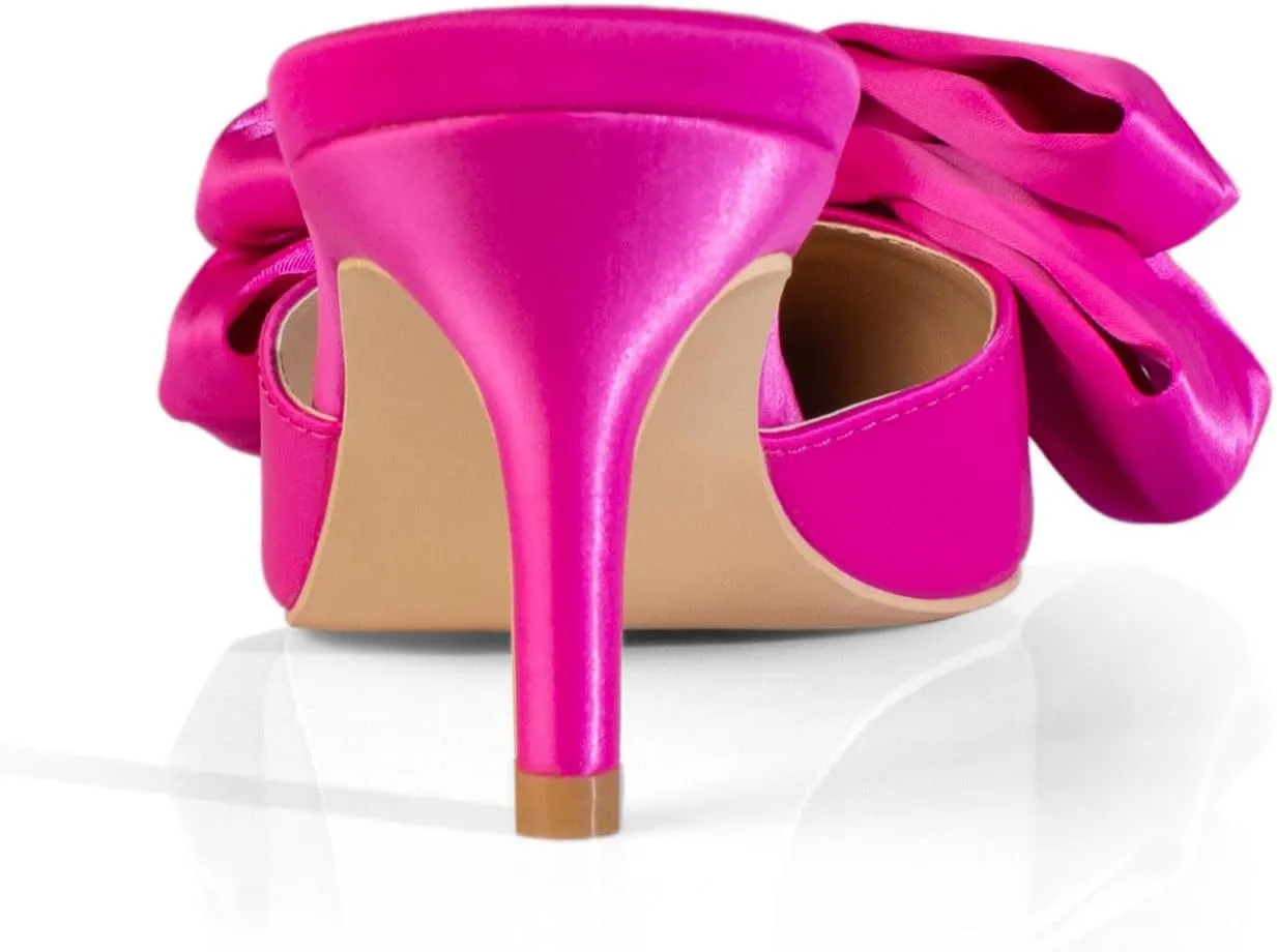iadore Women's High Heel Sandals, 3'' Satin Closed Pointed Toe Oversized Bow Slip-on Stiletto Slippers Party Prom Casual Dress Mules