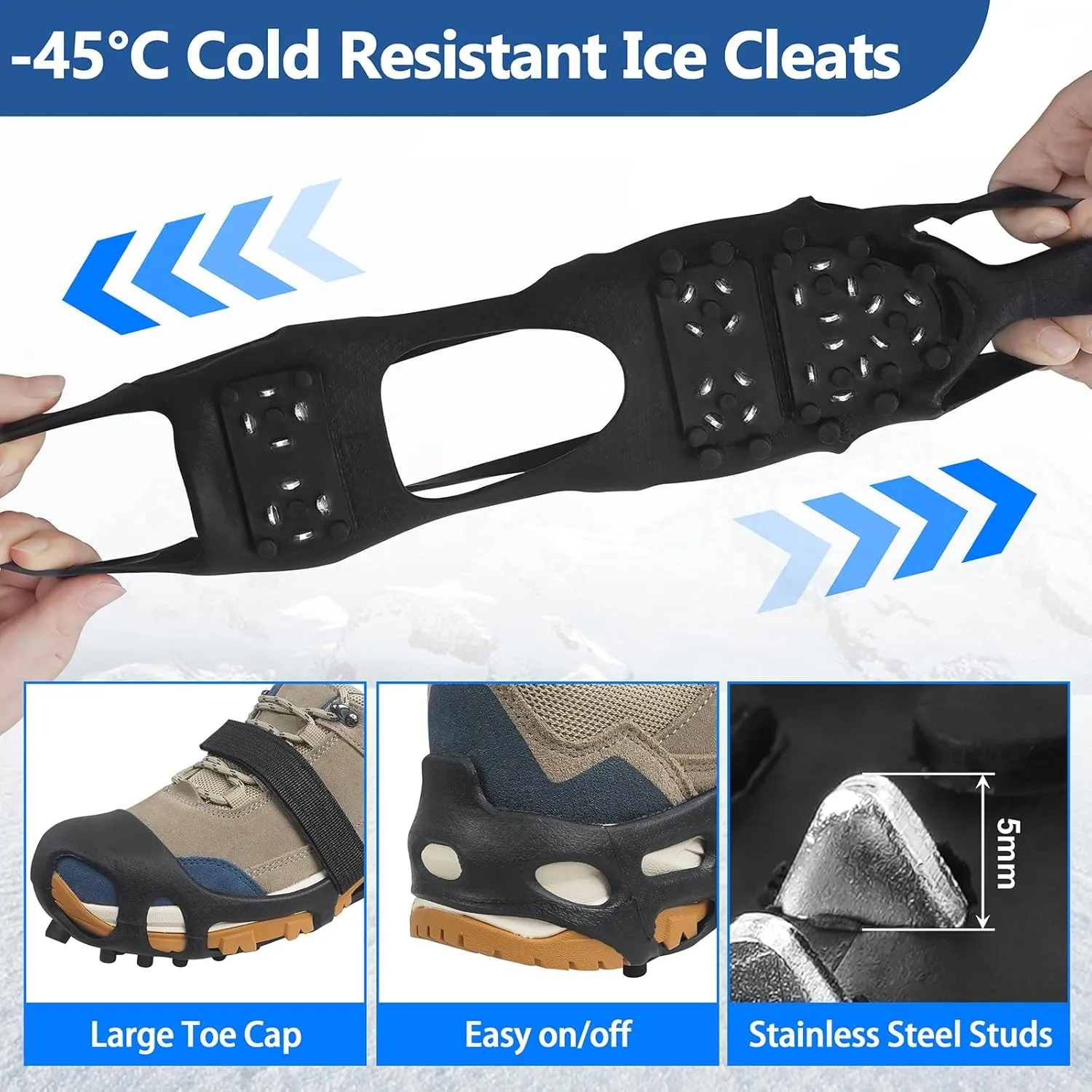 Ice Cleats Snow Traction Cleats Crampons for Shoes and Boots Men Women Anti Slip Grippers 28 Steel Studs Rubber Shoe Spikes for Snow and Ice Fishing Winter Walking Hiking