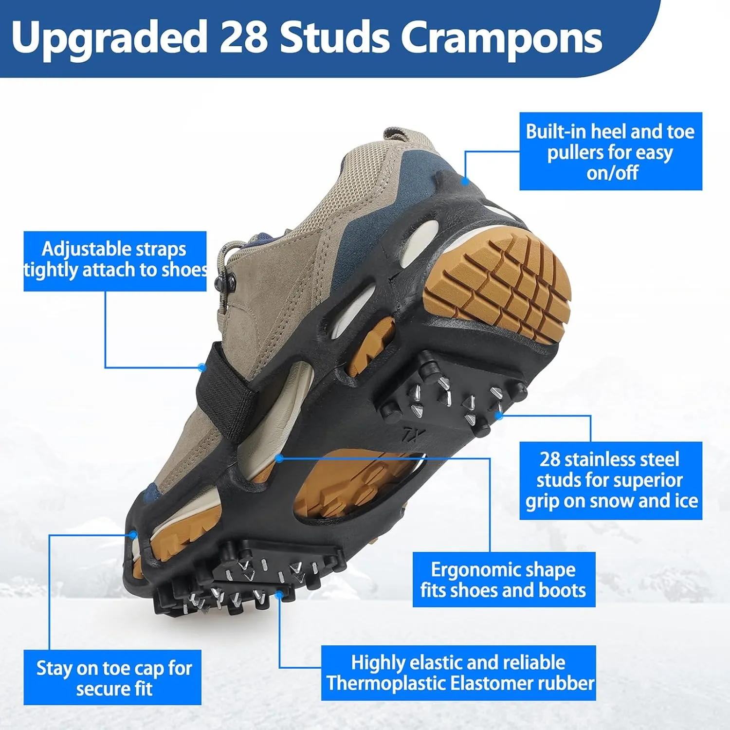 Ice Cleats Snow Traction Cleats Crampons for Shoes and Boots Men Women Anti Slip Grippers 28 Steel Studs Rubber Shoe Spikes for Snow and Ice Fishing Winter Walking Hiking