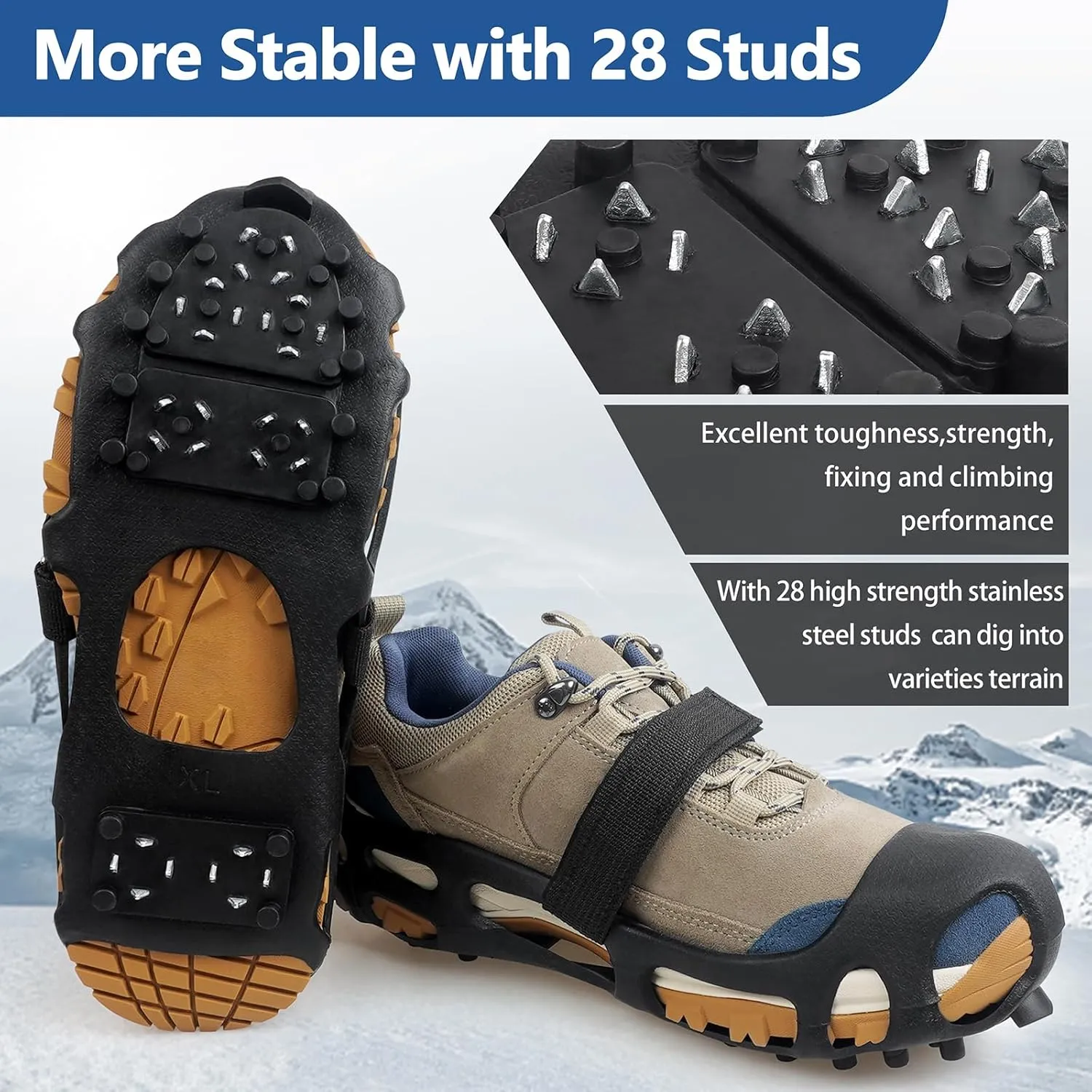 Ice Cleats Snow Traction Cleats Crampons for Shoes and Boots Men Women Anti Slip Grippers 28 Steel Studs Rubber Shoe Spikes for Snow and Ice Fishing Winter Walking Hiking