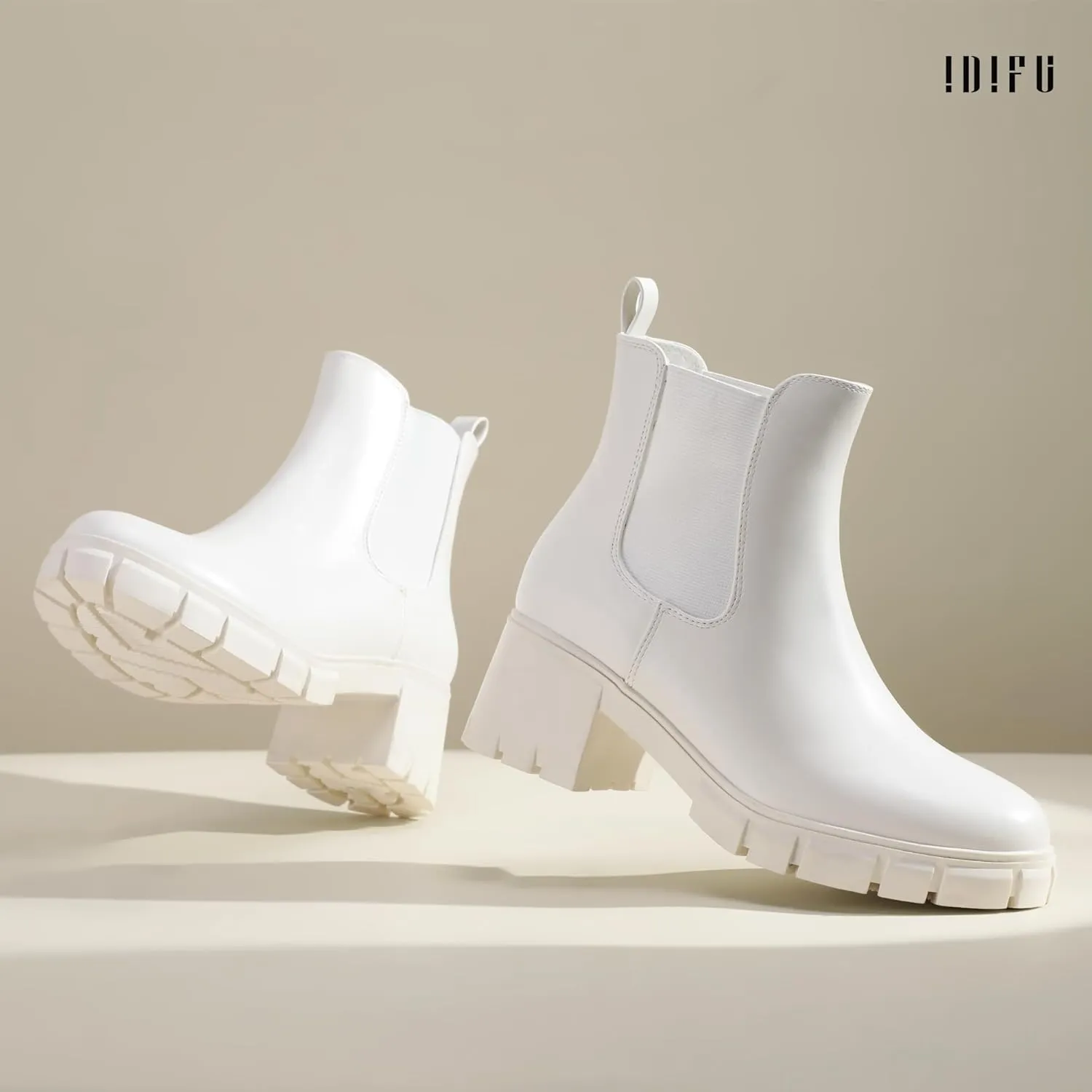 IDIFU IN2 Chelsea Boots Women Ankle Boots for Women Platform Low Chunky Block Heel Lug Sole Round Toe Fall Dress Boots for Women Comfortable Fashion Booties Cute Office Elastic Short Heeled Boots