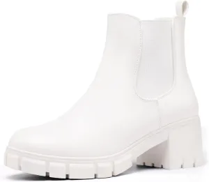 IDIFU IN2 Chelsea Boots Women Ankle Boots for Women Platform Low Chunky Block Heel Lug Sole Round Toe Fall Dress Boots for Women Comfortable Fashion Booties Cute Office Elastic Short Heeled Boots