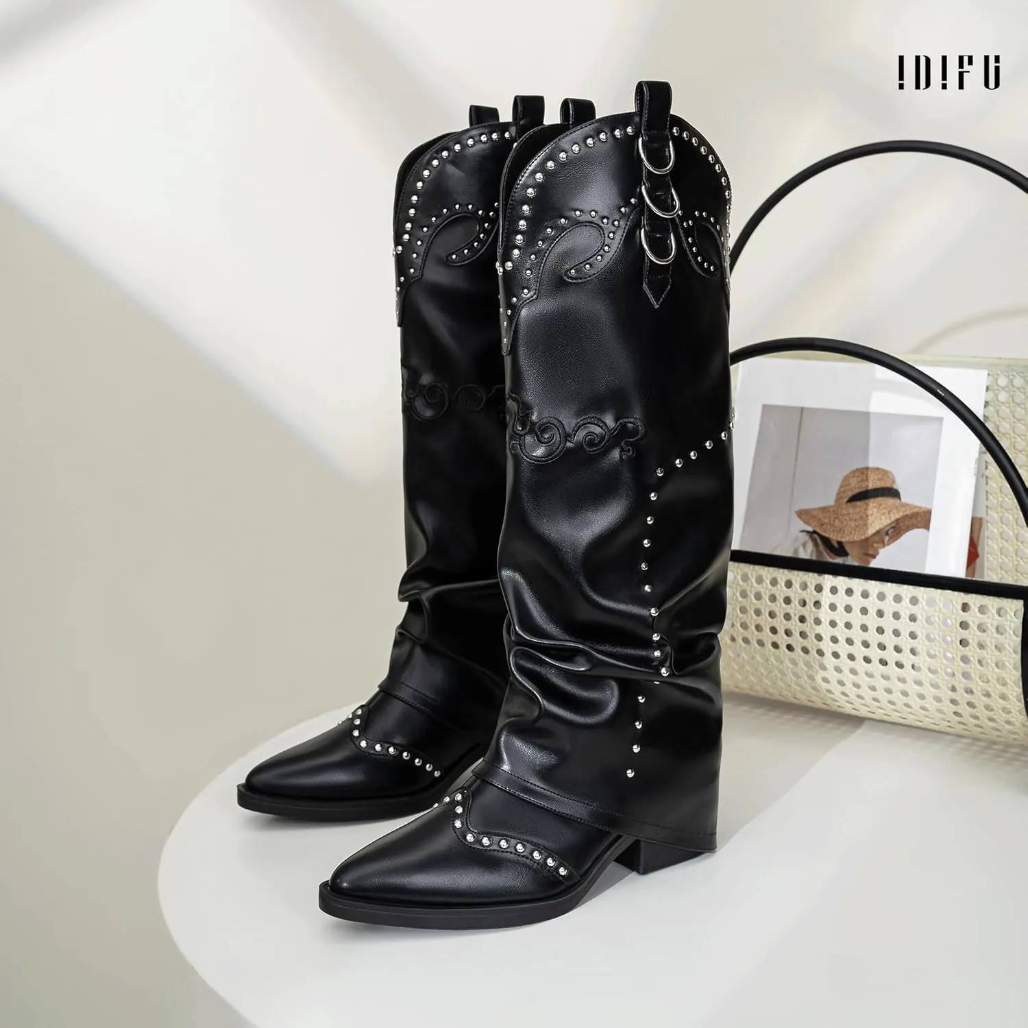 IDIFU IN2 Fold Over Cowboy Boots for Women Cowgirl Knee High Western Embroidered Pointed Toe Slouchy Low Short Block Chunky Heel Zipper Comfort Fashion Cute Trendy Prom Dressy Fall Boots