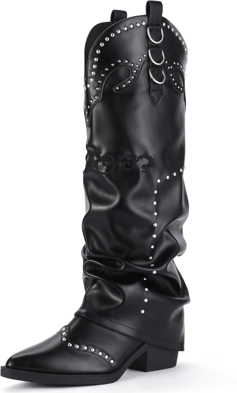 IDIFU IN2 Fold Over Cowboy Boots for Women Cowgirl Knee High Western Embroidered Pointed Toe Slouchy Low Short Block Chunky Heel Zipper Comfort Fashion Cute Trendy Prom Dressy Fall Boots