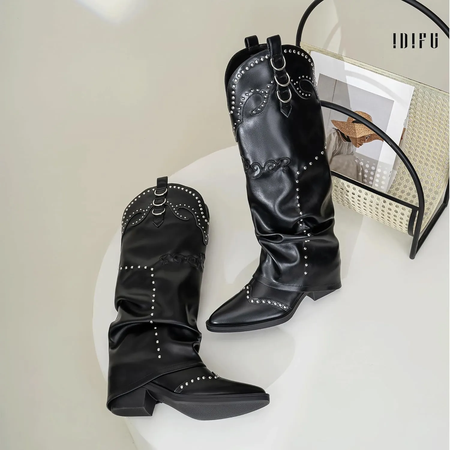 IDIFU IN2 Fold Over Cowboy Boots for Women Cowgirl Knee High Western Embroidered Pointed Toe Slouchy Low Short Block Chunky Heel Zipper Comfort Fashion Cute Trendy Prom Dressy Fall Boots