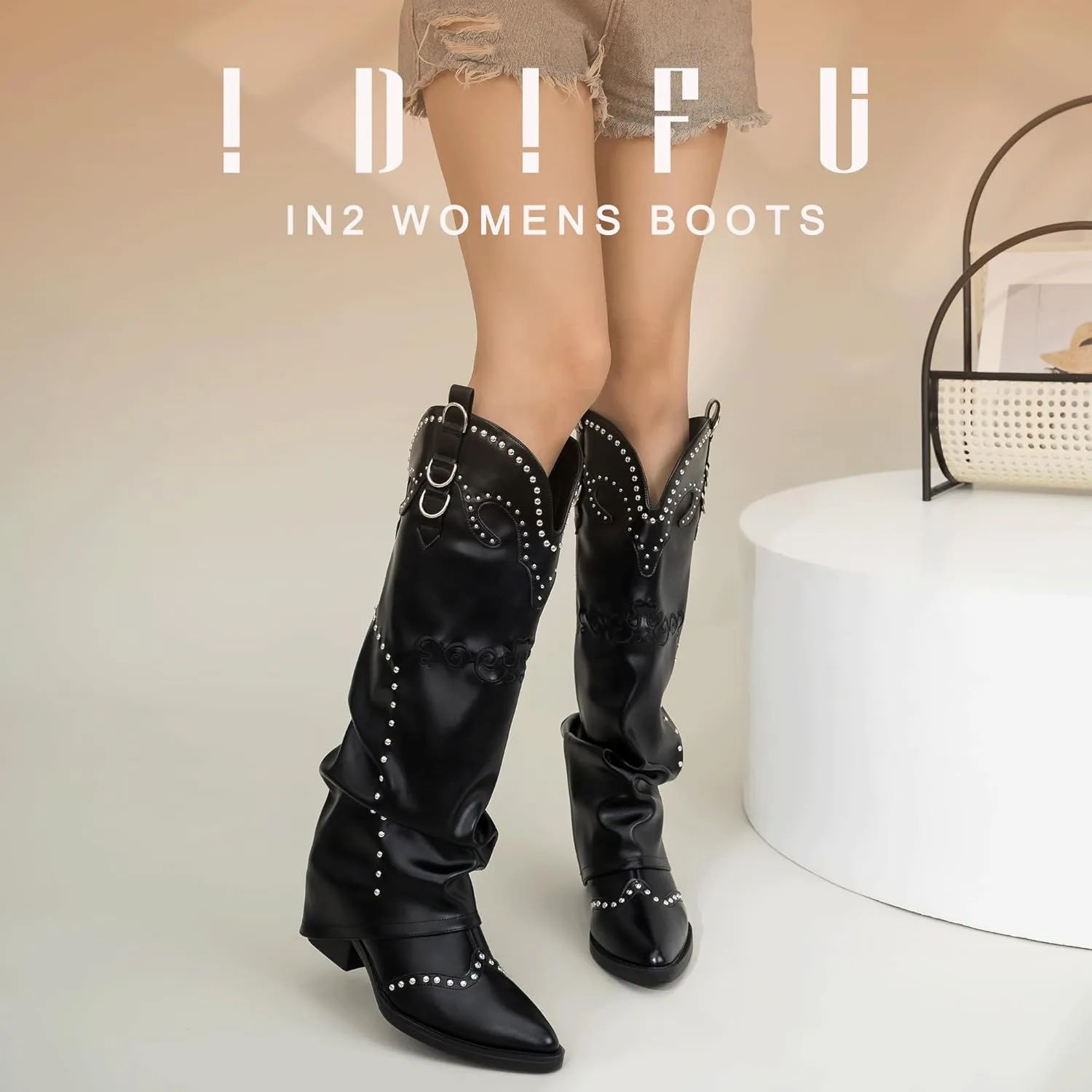 IDIFU IN2 Fold Over Cowboy Boots for Women Cowgirl Knee High Western Embroidered Pointed Toe Slouchy Low Short Block Chunky Heel Zipper Comfort Fashion Cute Trendy Prom Dressy Fall Boots