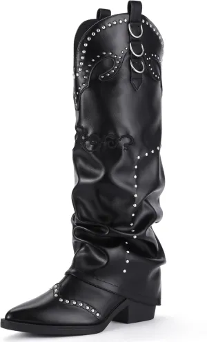 IDIFU IN2 Fold Over Cowboy Boots for Women Cowgirl Knee High Western Embroidered Pointed Toe Slouchy Low Short Block Chunky Heel Zipper Comfort Fashion Cute Trendy Prom Dressy Fall Boots