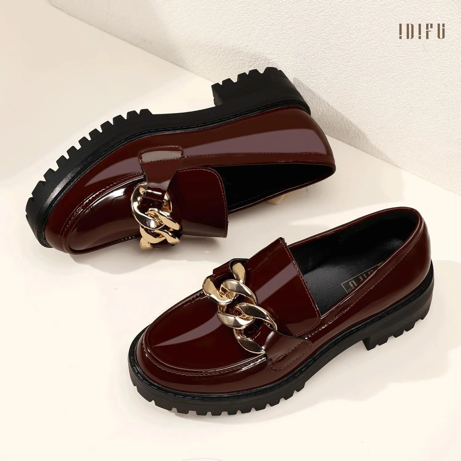 IDIFU IN2 Platform Loafers for Women Dressy with Metal Chain Slip On Low Chunky Block Lug Sole Heeled Penny Loafers Comfort Closed Round Toe Dress Shoes Office Work Business Casual Fall Loafers Shoes