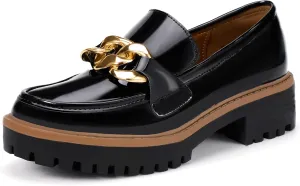 IDIFU IN2 Platform Loafers for Women Dressy with Metal Chain Slip On Low Chunky Block Lug Sole Heeled Penny Loafers Comfort Closed Round Toe Dress Shoes Office Work Business Casual Fall Loafers Shoes