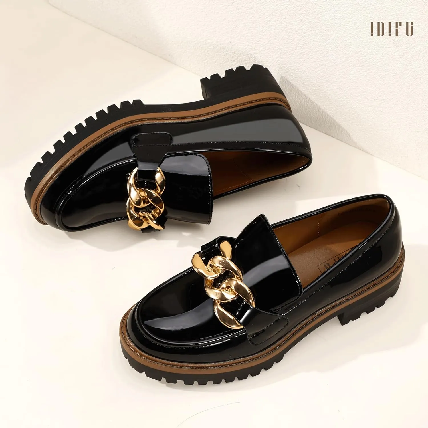 IDIFU IN2 Platform Loafers for Women Dressy with Metal Chain Slip On Low Chunky Block Lug Sole Heeled Penny Loafers Comfort Closed Round Toe Dress Shoes Office Work Business Casual Fall Loafers Shoes