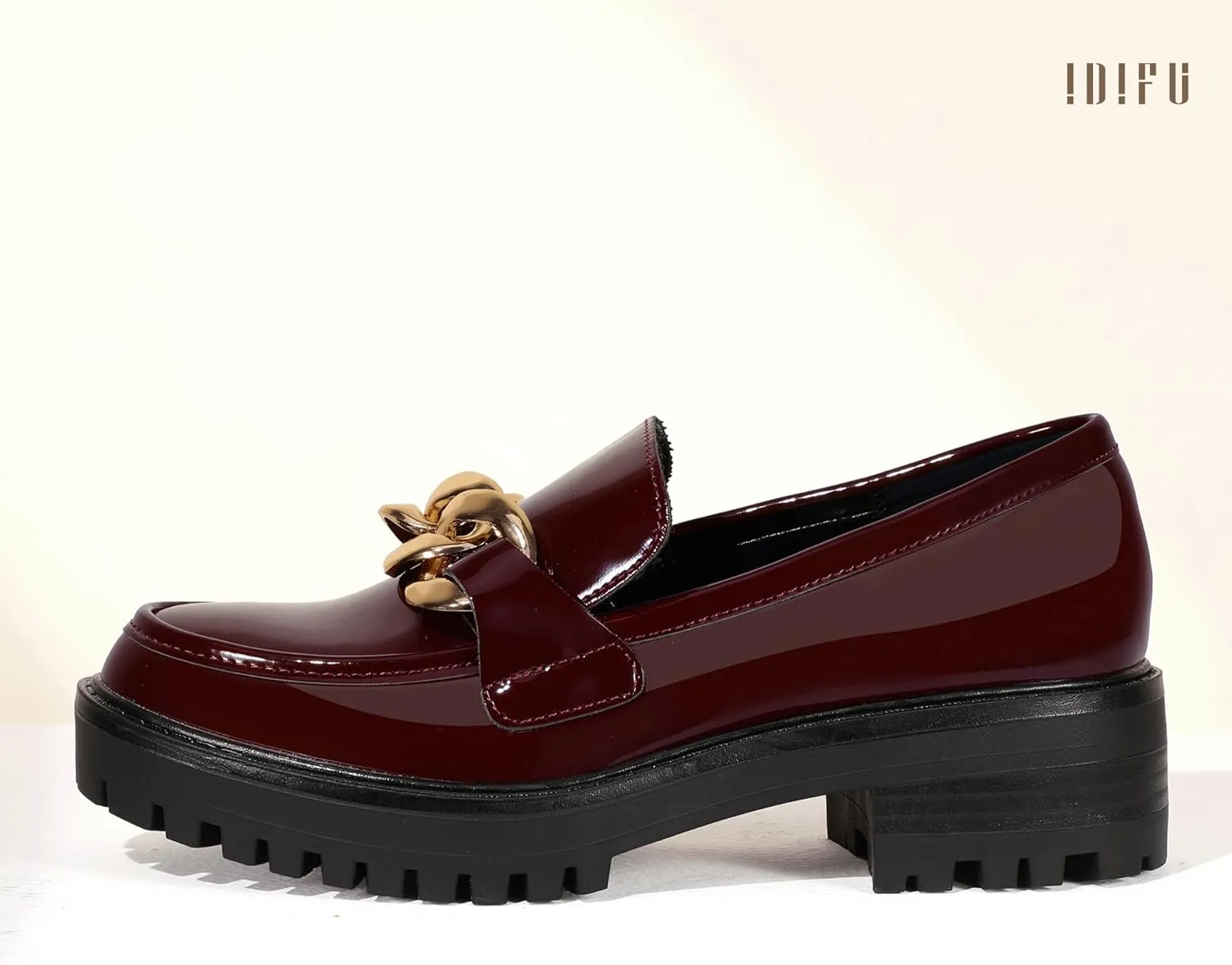 IDIFU IN2 Platform Loafers for Women Dressy with Metal Chain Slip On Low Chunky Block Lug Sole Heeled Penny Loafers Comfort Closed Round Toe Dress Shoes Office Work Business Casual Fall Loafers Shoes